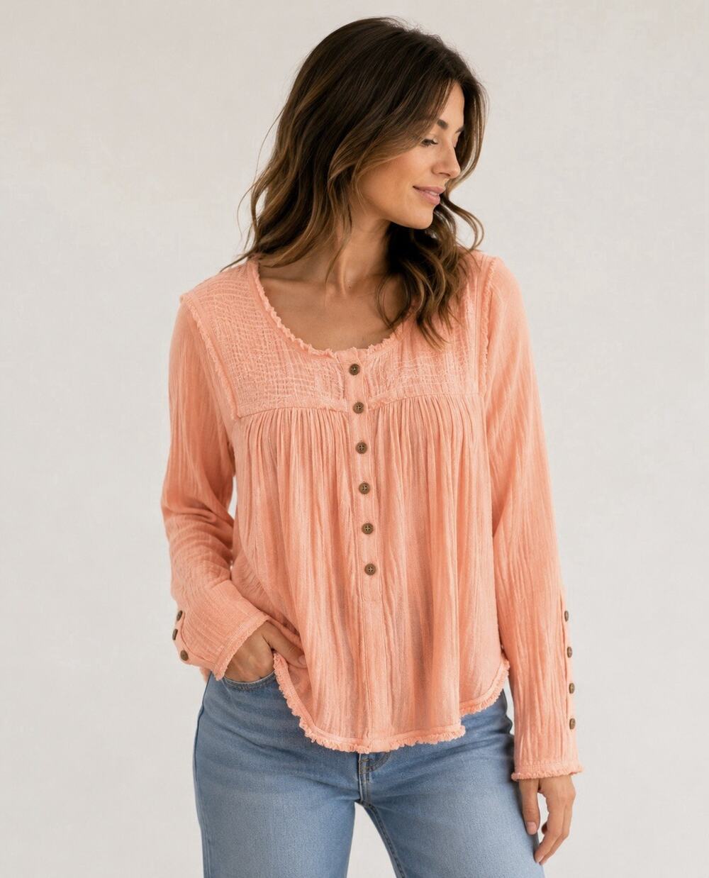 Free People Sand Dune Tunic Women Sz XS Peach Cotton Long Sleeve Henley Top NWT